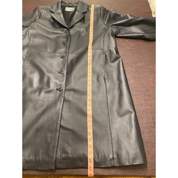 Clio II Black Leather Long Jacket Mid-Length Coat 90s Style Medium - Picture 4 of 7